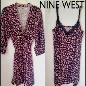 NINE WEST Women's Chemise & Robe Set Ditzy Pink Floral on Black Lace Trim SMALL